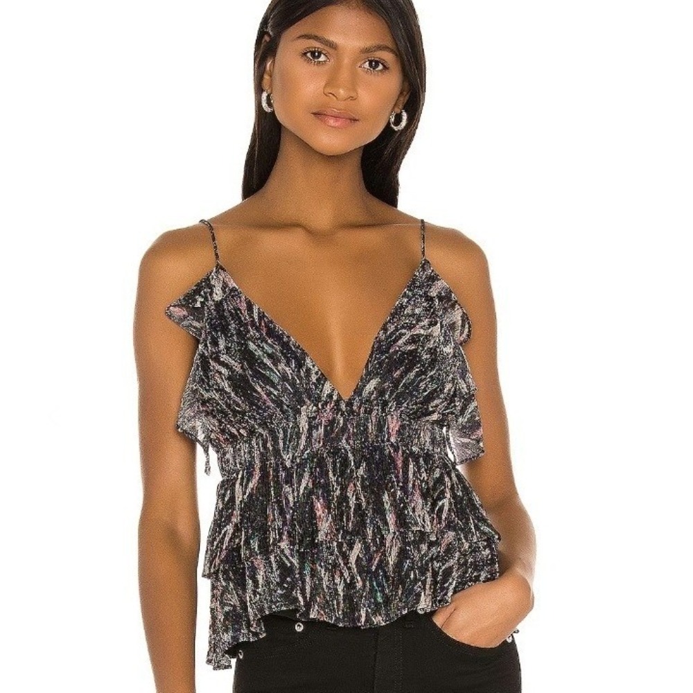 Iro Villars Top Metallic Ruffle Smocked Peplum Cami Abstract Print 34 /US 2/ XS
